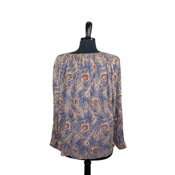 Ann Taylor LOFT Peacock Feather Print Blouse Button Up Blue Brown Boho - Picture 2 of 4